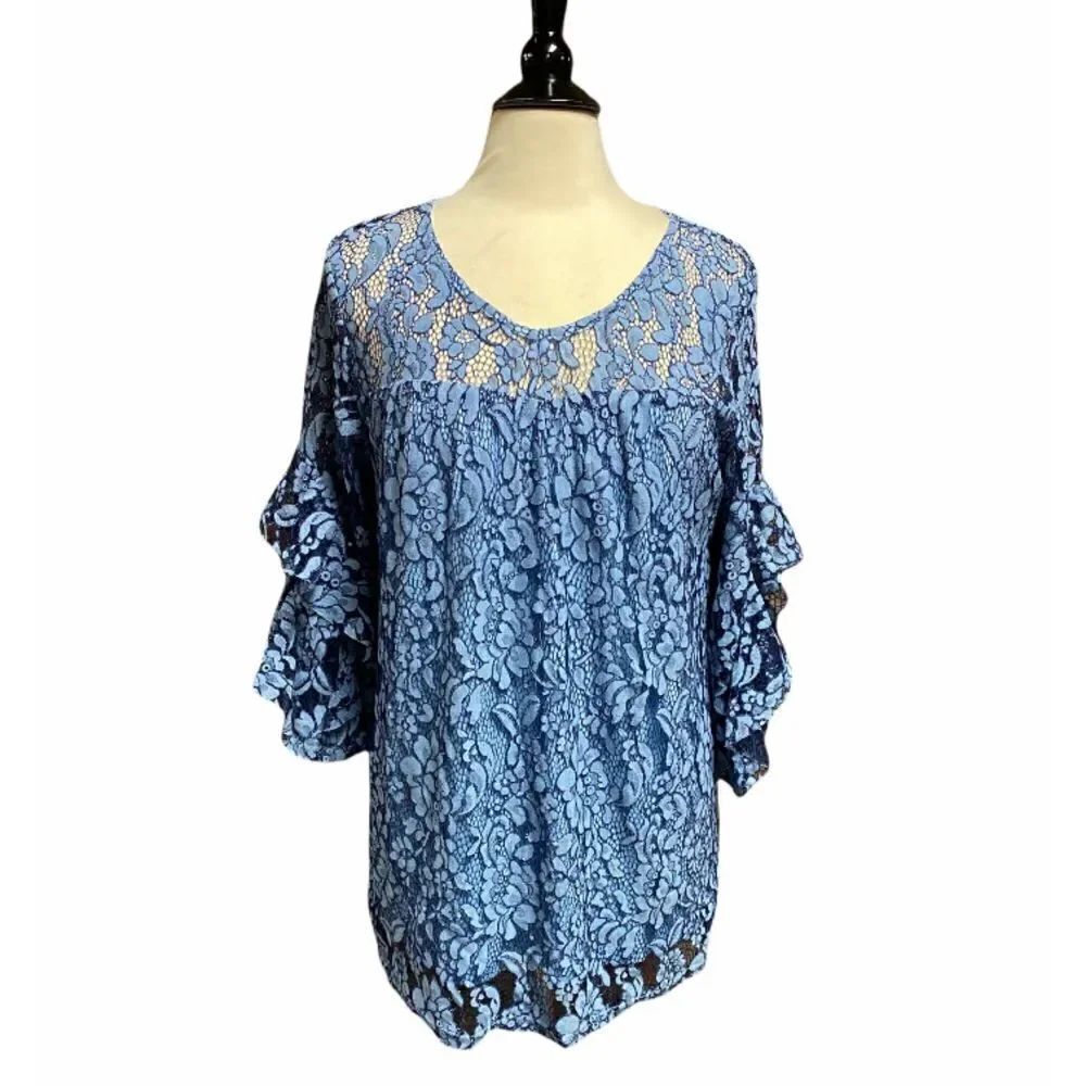 Suzanne Betro Blue Lace Ruffle Sleeve Tunic Size Large NWT